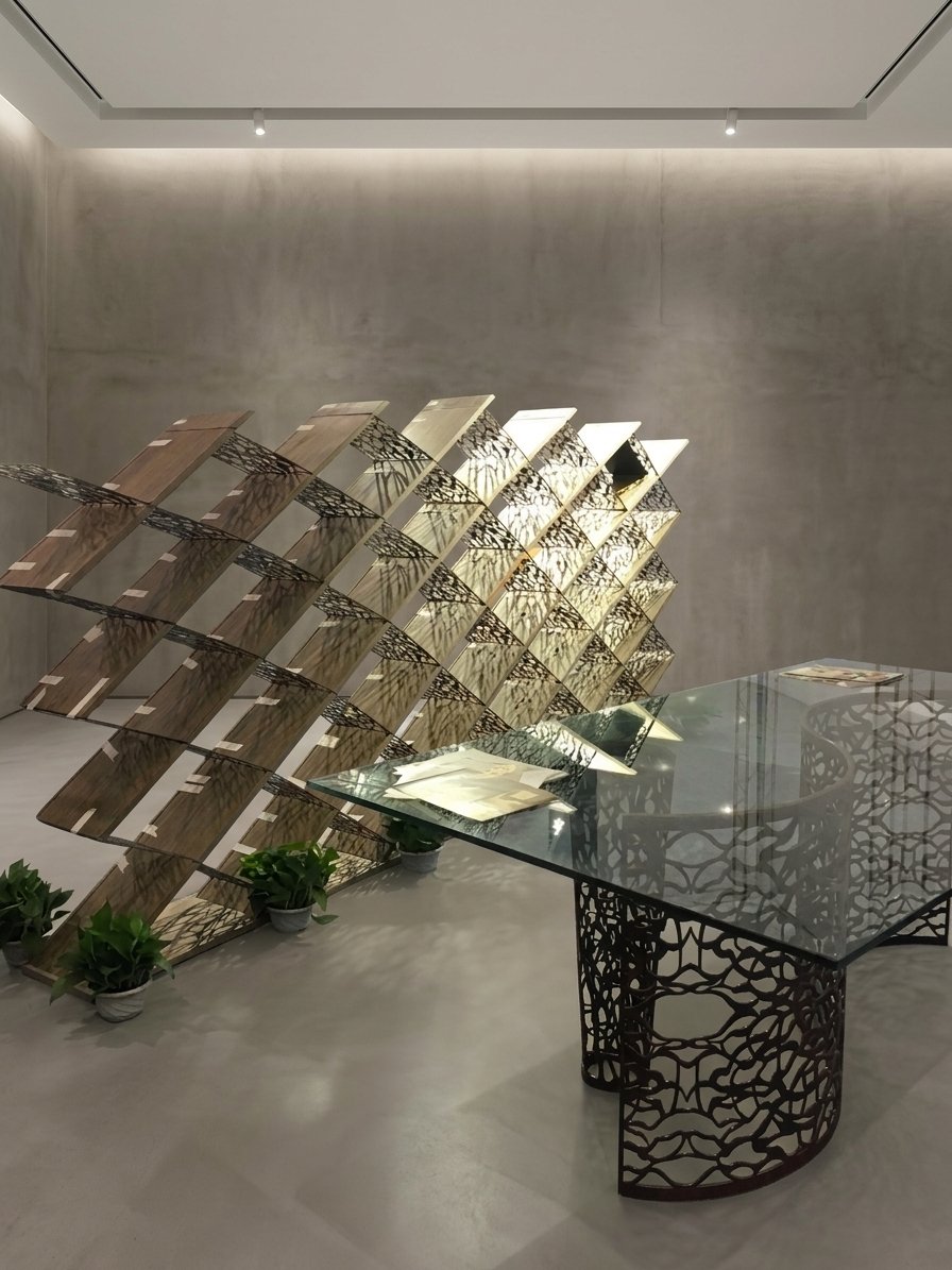 CHENGDU-PADIGLIONE ITALIANO 2024 LIBRERIA E TAVOLO IN METALLO DECORATO